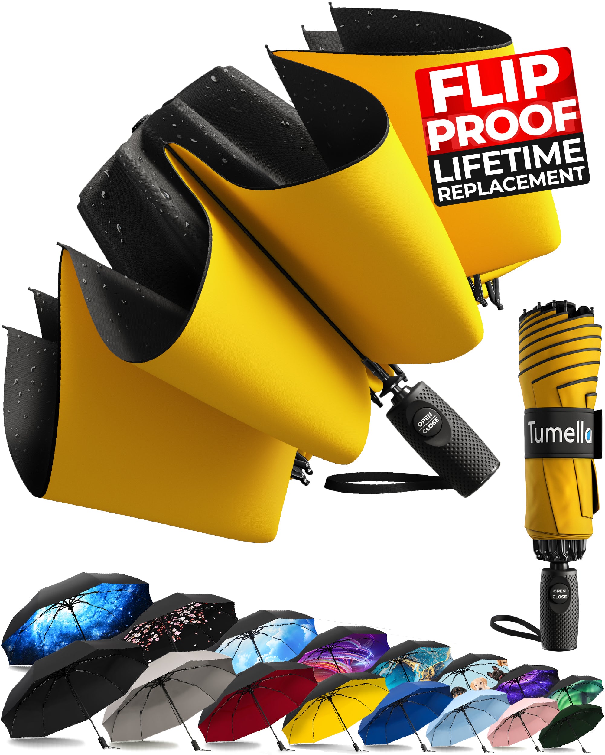 Reverse Folding Umbrella - Black-Yellow - Tumella